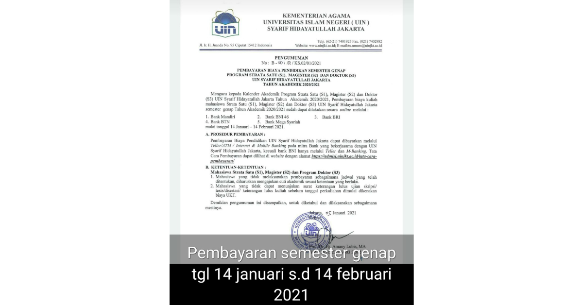 Info Pembayaran Biaya Pendidikan Semester Genap 2020/2021