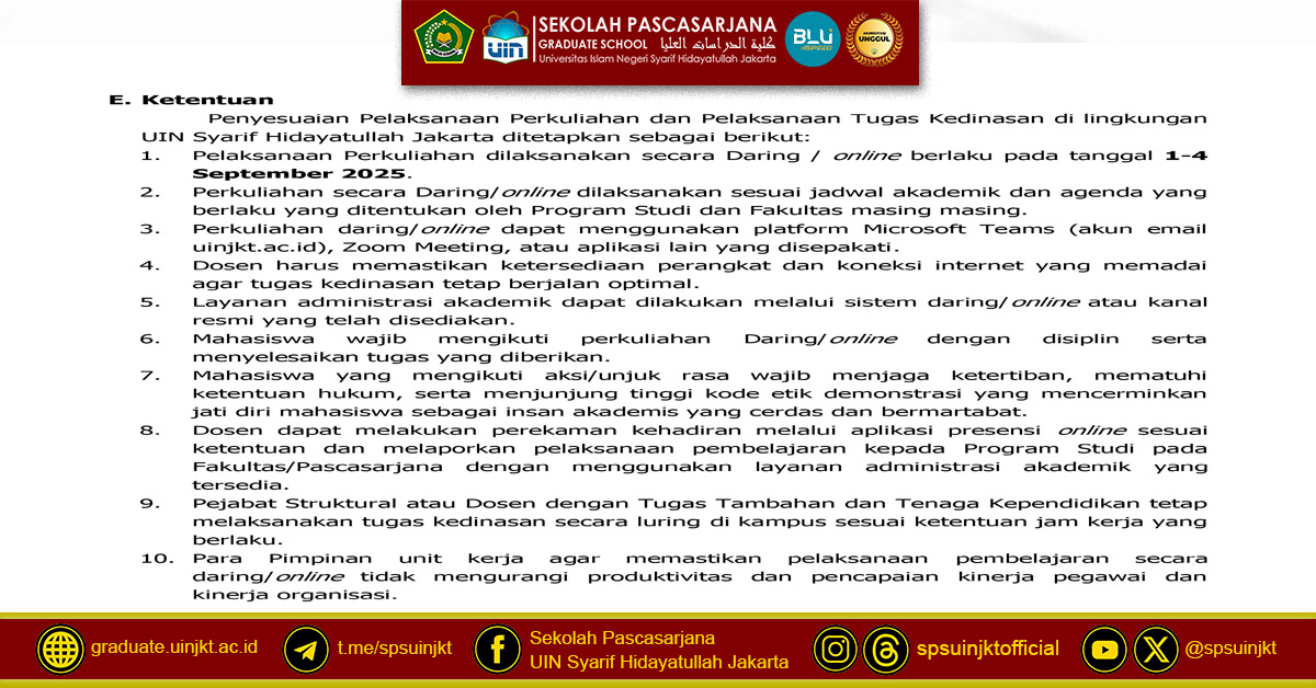 Surat Edaran Rektor tentang Pelaksanaan Perkuliahan dan Pelaksanaan Tugas Kedinasan
