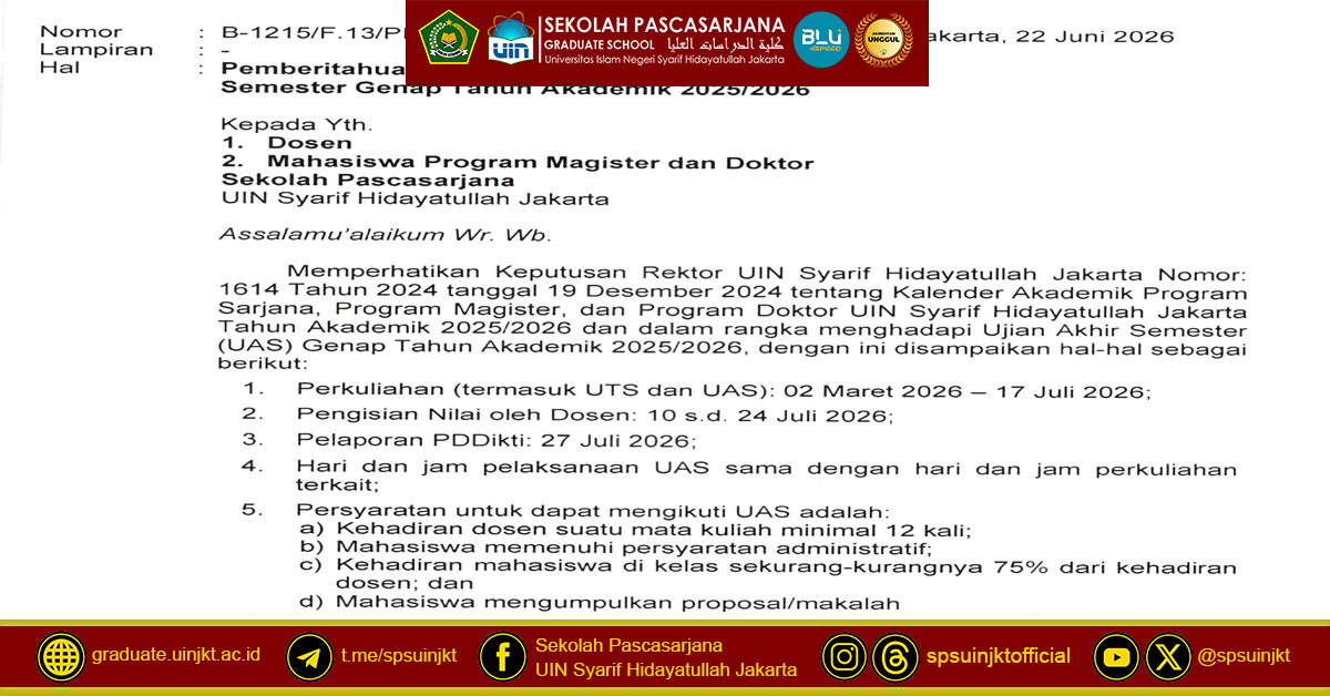 Notice of Final Semester Exam (UAS) Even Semester for the 2025/2026 Academic Year