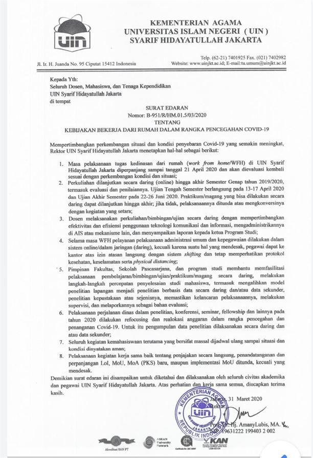 Covid-19, UIN Jakarta Perpanjang Belajar Online