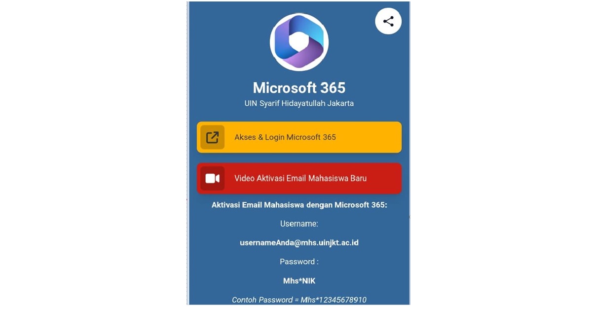 aktivasi email mahasiswa Baru melalui layanan Microsoft 365 (https://s.id/m365uinjkt).