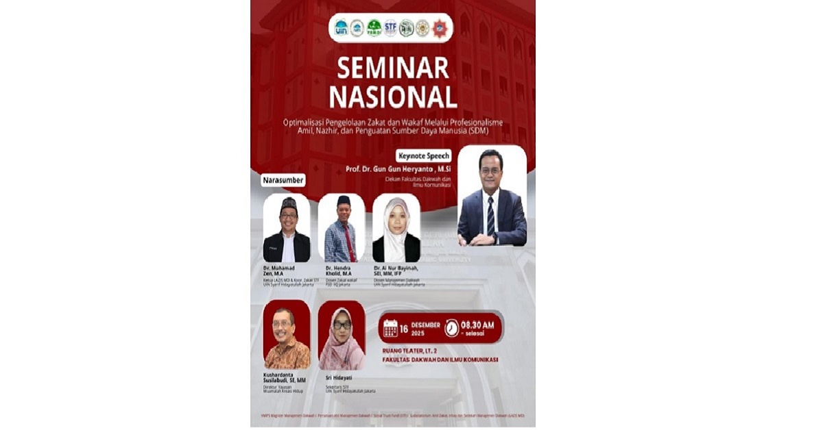 Seminar nasional dengan tema optimalisasi pengelolaan zakat dan Wakaf melalui professionalisme Amil, Nadzir dan penguatan sumber daya manusia