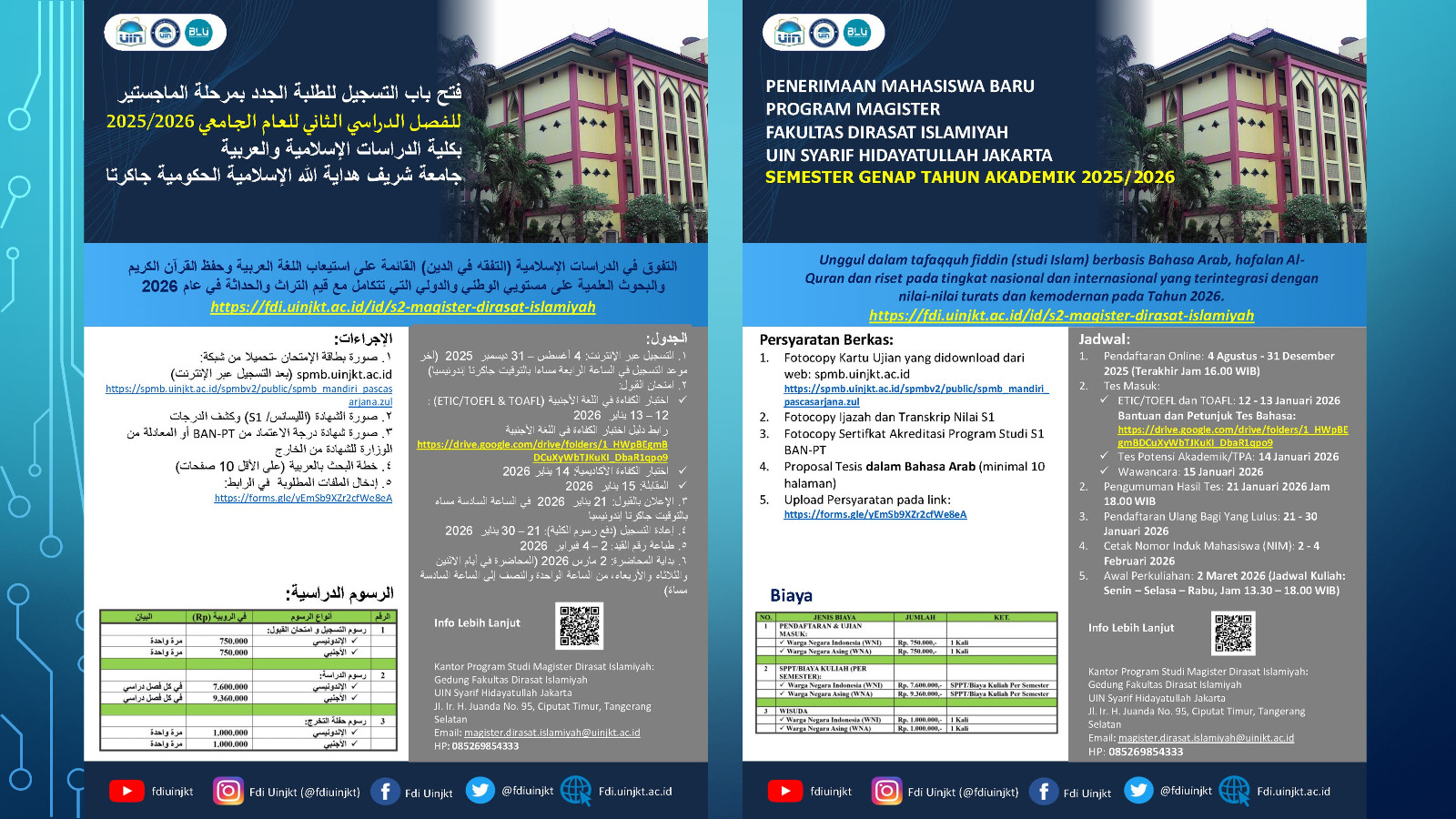 Pendaftaran Mahasiswa Baru S2 Dirasat Islamiyah FDI UIN Syarif Hidayatullah Jakarta Semester Genap 2025-2026 1 September sd 30 Desember 2025