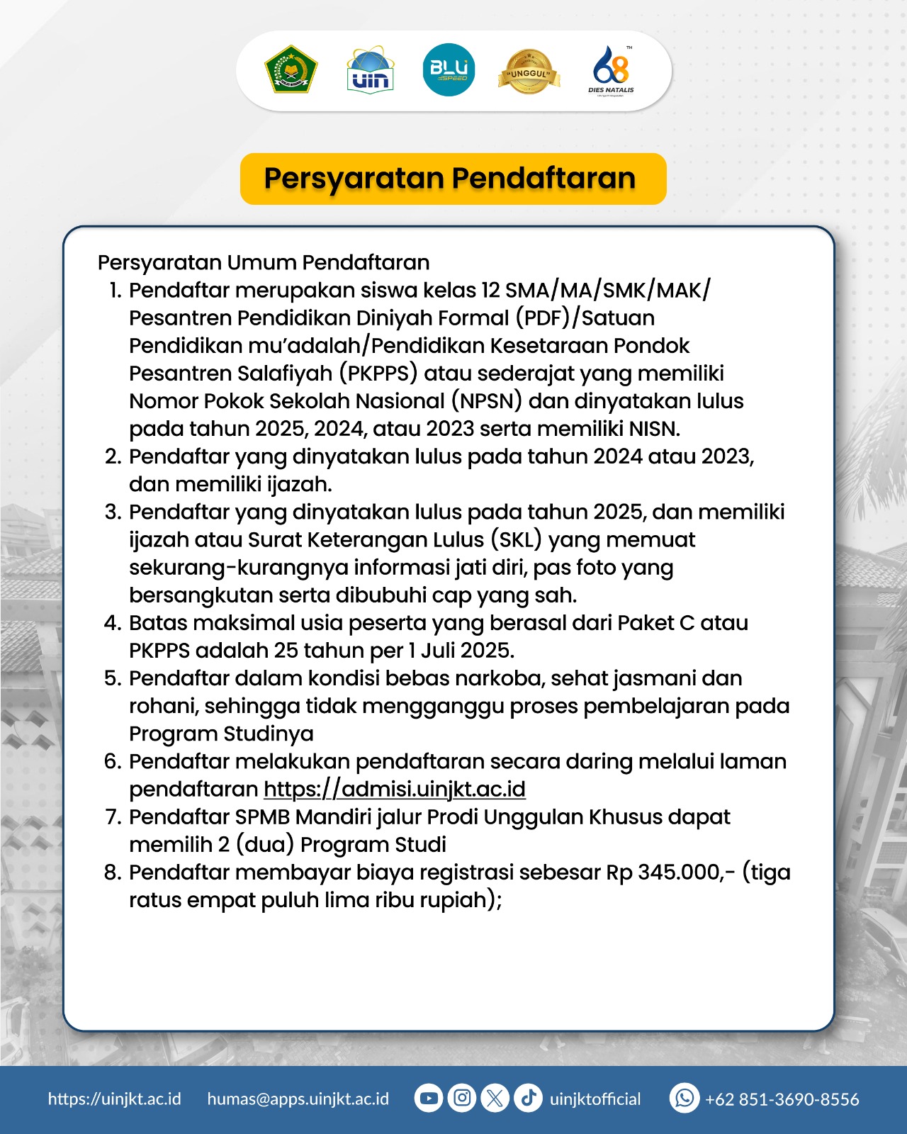 Persyaratan Pendaftaran PMB Mandiri Jalur Prodi Unggulan Khusus
