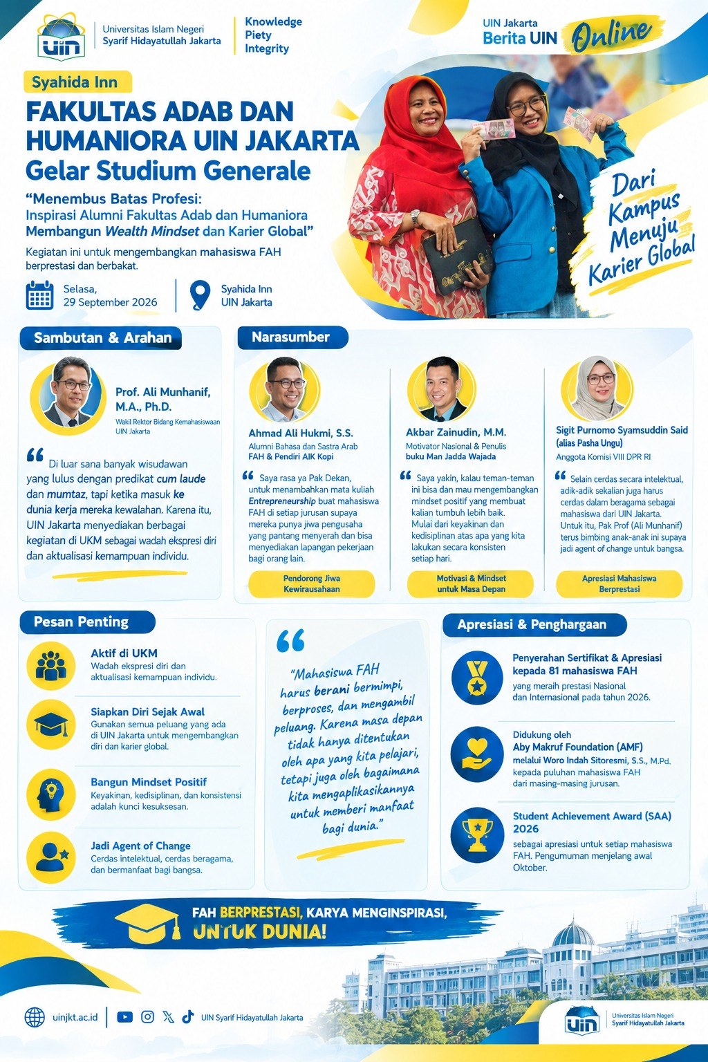 Beri Motivasi dan Apresiasi bagi Mahasiswa Berprestasi, Student Generale FAH UIN Jakarta Tekankan Jejaring Relasi dan Mental Besi untuk Generasi Emas