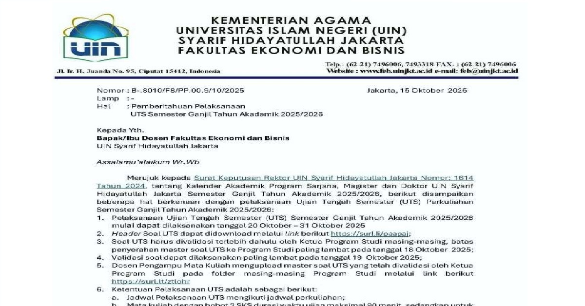 Notice of Implementation of Mid-Semester Exam (UTS) for Odd Semesters 2025/2026 Academic Year