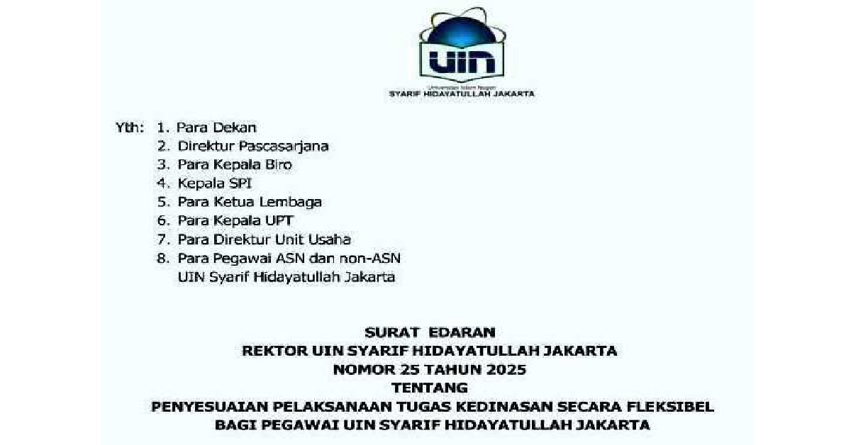 RECTOR'S CIRCULAR LETTER NO. 25 OF 2025: FLEXIBLE ADJUSTMENT OF OFFICIAL DUTIES FOR EMPLOYEES OF UIN SYARIF HIDAYATULLAH JAKARTA