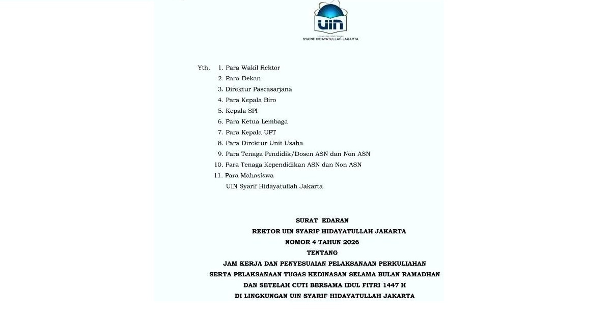 Rector's Circular Letter No. 4 - 2026 - Adjustments to the Implementation of Lectures and Implementation of Official Duties During Ramadhan and After the Joint Leave of Eid al-Fitr 1447 H
