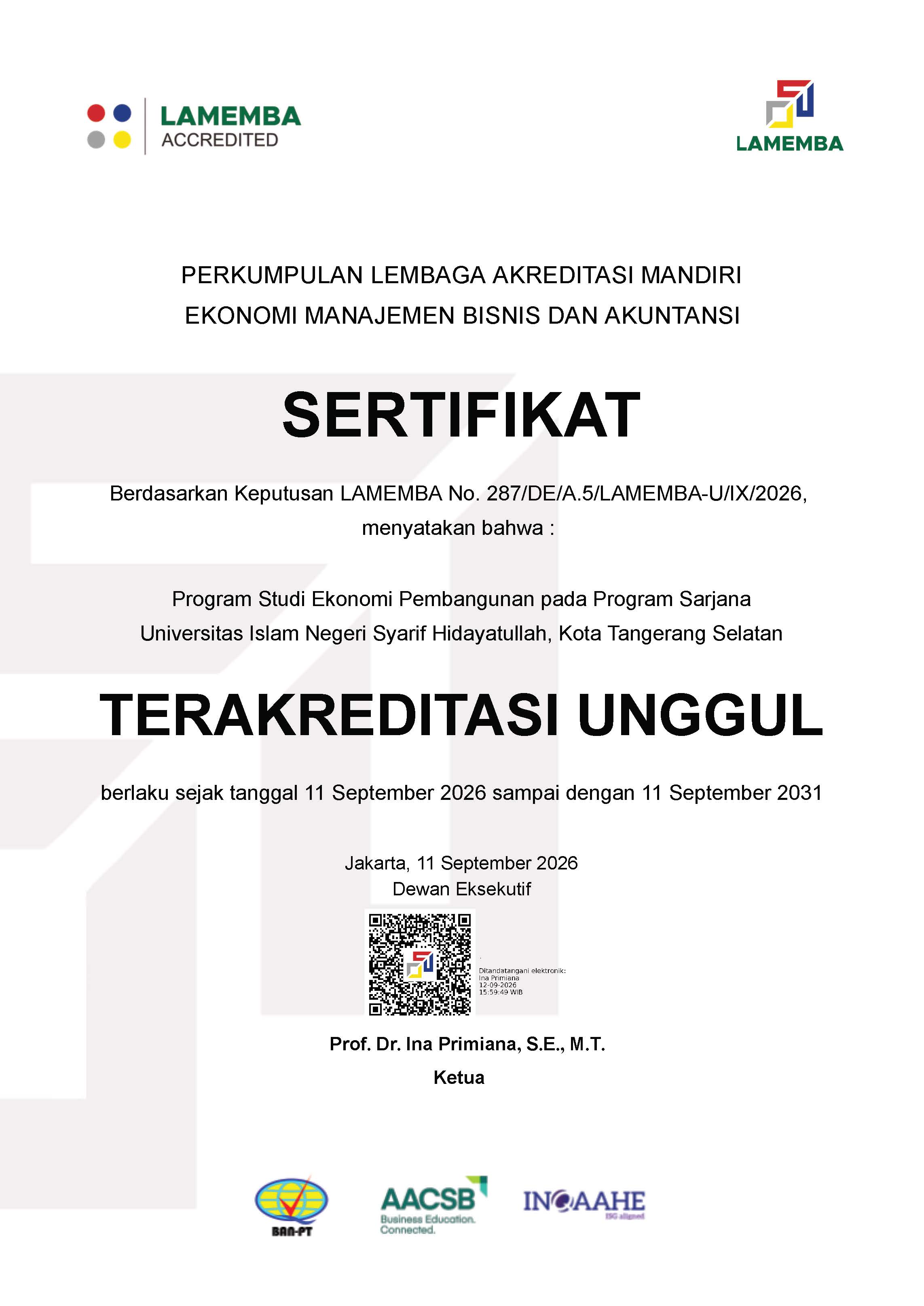 Development Economics Study Program, FEB UIN Syarif Hidayatullah Jakarta Achieves Excellent Accreditation from LAMEMBA