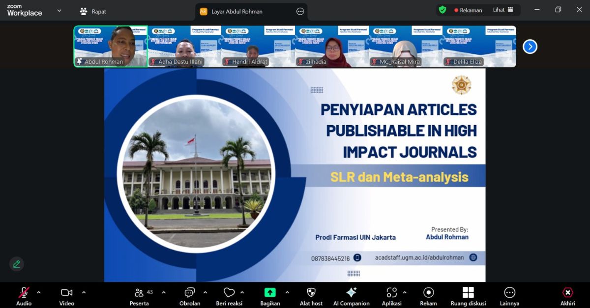 Farmasi UIN Syarif Hidayatullah Jakarta: Kupas Tuntas Strategi Menulis Review Article Bereputasi Tinggi Bersama Pakar dengan Tema “Publikasi Produktif Melalui Meta Analysis-Systematic Literature Review”